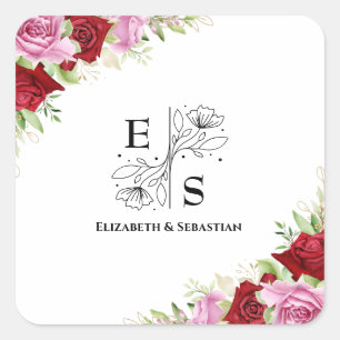 Floral Watercolor Rose Wedding Square Sticker