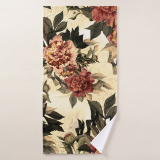 Floral Watercolor Roses, Peonies Pattern. Bath Towel