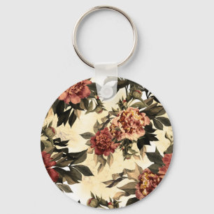Floral Watercolor Roses, Peonies Pattern. Key Ring