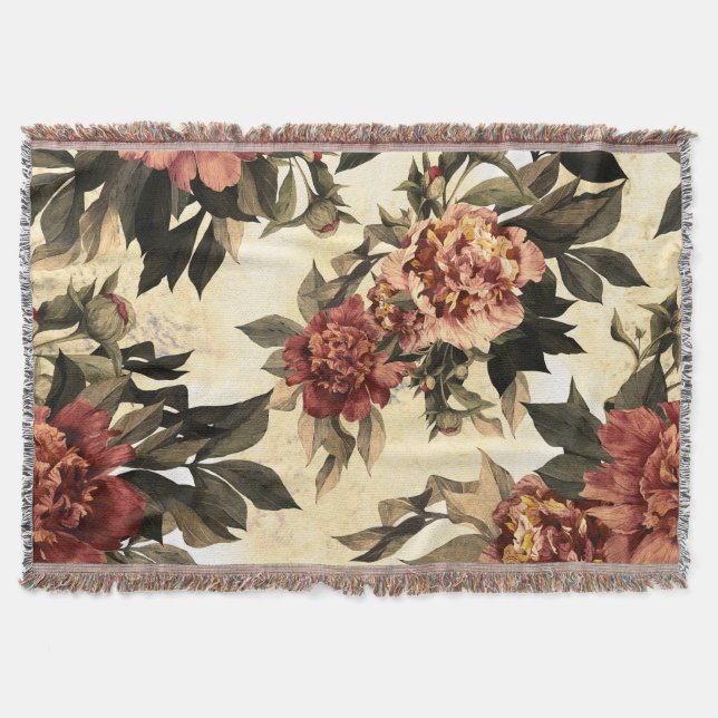 Floral Watercolor Roses, Peonies Pattern. Throw Blanket (Front)