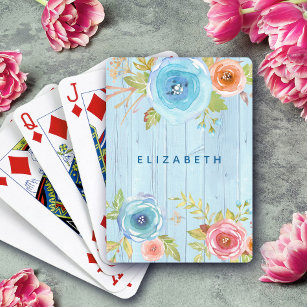 Floral watercolor rustic blue wood custom name playing cards