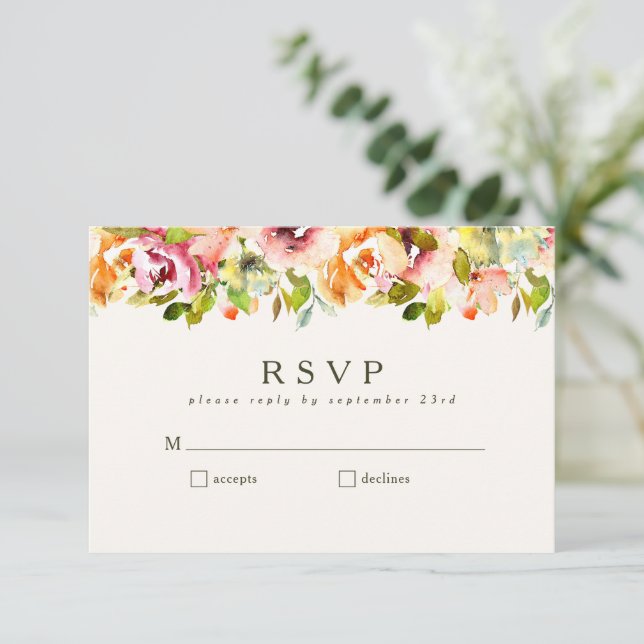 Floral Watercolor Rustic Country Burgundy Wedding RSVP Card (Standing Front)