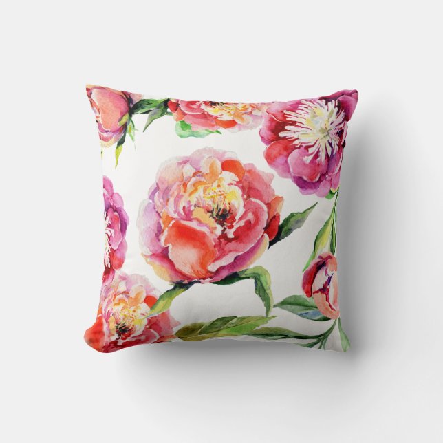 Floral watercolor scarlet red blush pink peonies cushion (Front)