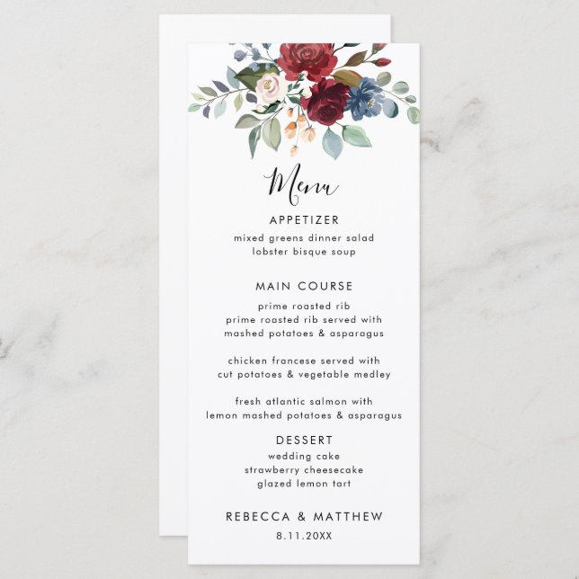 Floral Watercolor Script Wedding Reception Menu (Front/Back)