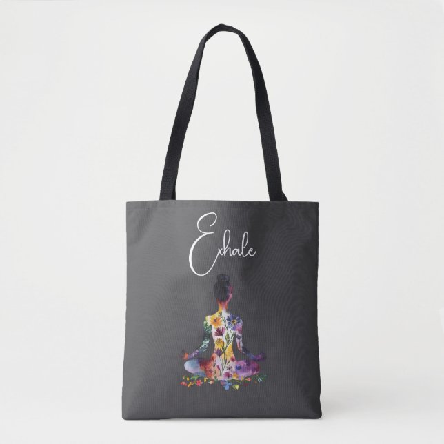 Floral Watercolor Silhouette Yoga Quote Monogram  Tote Bag (Front)