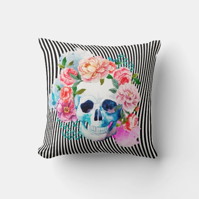Floral Watercolor Skull With Stripes Cushion (Front)
