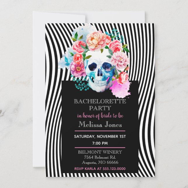 Floral Watercolor Skull With Stripes Invitation (Front)