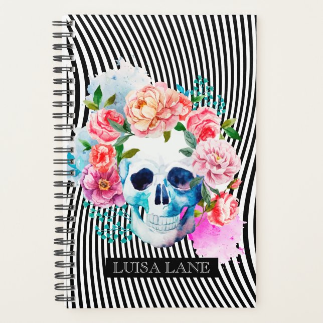 Floral Watercolor Skull With Stripes Planner (Front)