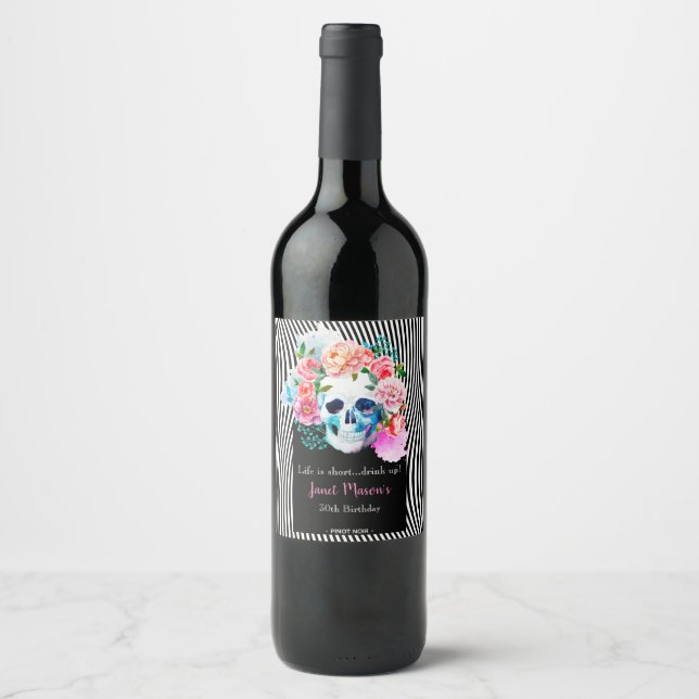 Floral Watercolor Skull With Stripes Wine Label (Front)