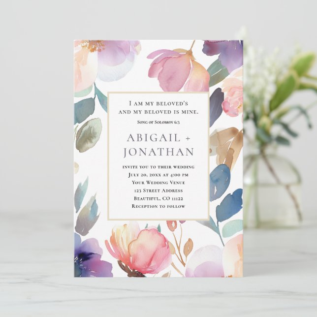 Floral Watercolor Song of Solomon Bible Wedding Invitation (Standing Front)