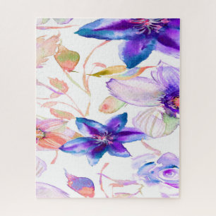 Floral Watercolor Spring Flowers Blue Purple Pink Jigsaw Puzzle