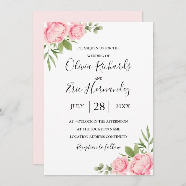 Floral watercolor spring / summer rose wedding invitation (Front/Back)