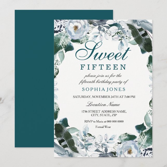 Floral Watercolor Teal Green Sweet 15 Party Invite (Front/Back)