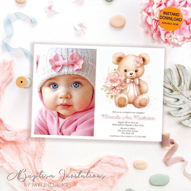 Floral Watercolor Teddy Bear, Photo Girl Baptism Invitation (Creator Uploaded)