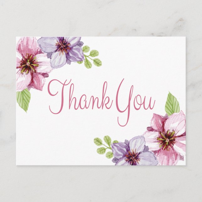 Floral Watercolor Thank You Purple Flower Postcard (Front)