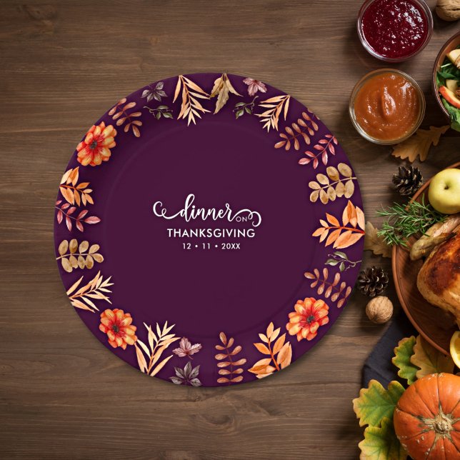 Floral Watercolor Thanksgiving Dinner Paper Plate (Creator Uploaded)