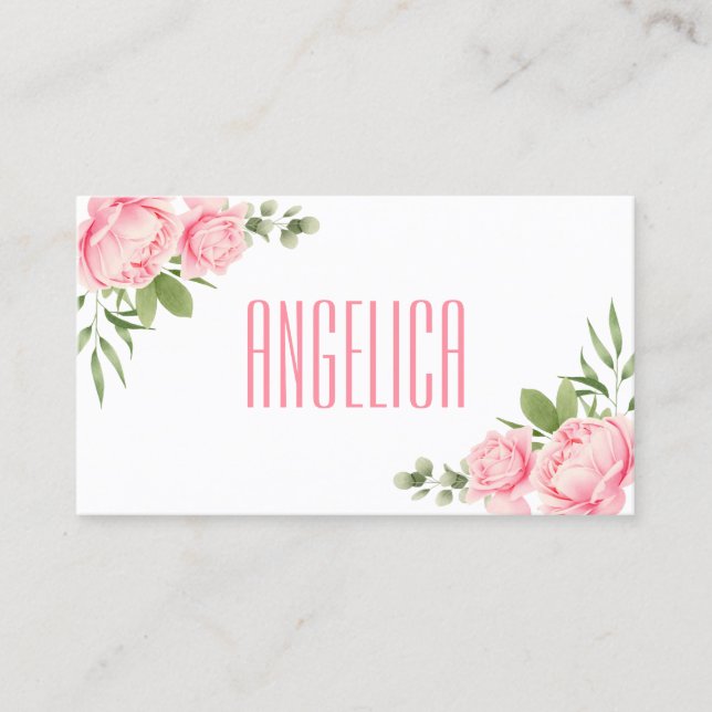 Floral watercolor trendy pink rose flowers business card (Front)