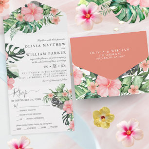 Floral Watercolor Tropical Greenery Budget Wedding All In One Invitation