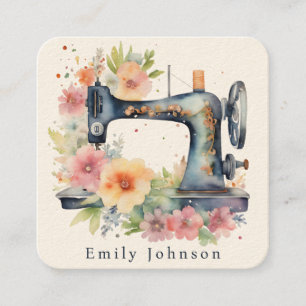 Floral Watercolor Vintage Sewing Machine Fashion  Square Business Card