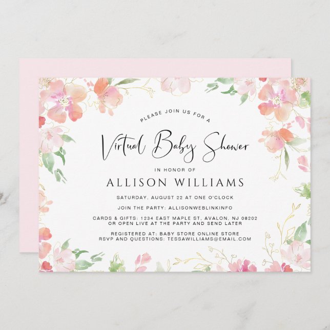 Floral Watercolor Virtual Pink Gold Baby Shower Invitation (Front/Back)