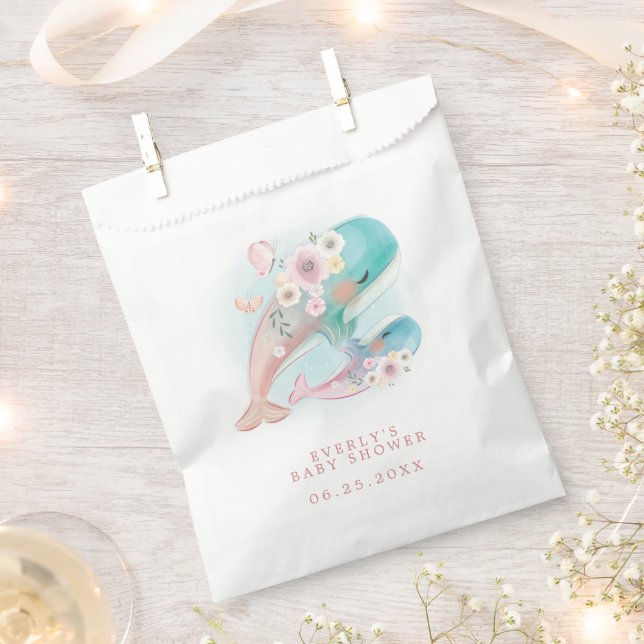 Floral Watercolor Whales Girl Baby Shower Favour Bags (Clipped)