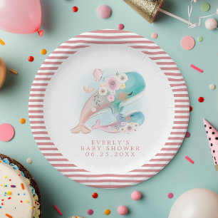 Floral Watercolor Whales Girl Baby Shower Paper Plate