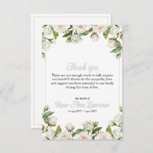 Floral watercolor white roses frame funeral thank you card