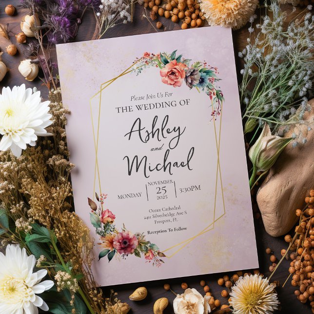 Floral Watercolor Wildflower Geometric Wedding Invitation (Creator Uploaded)