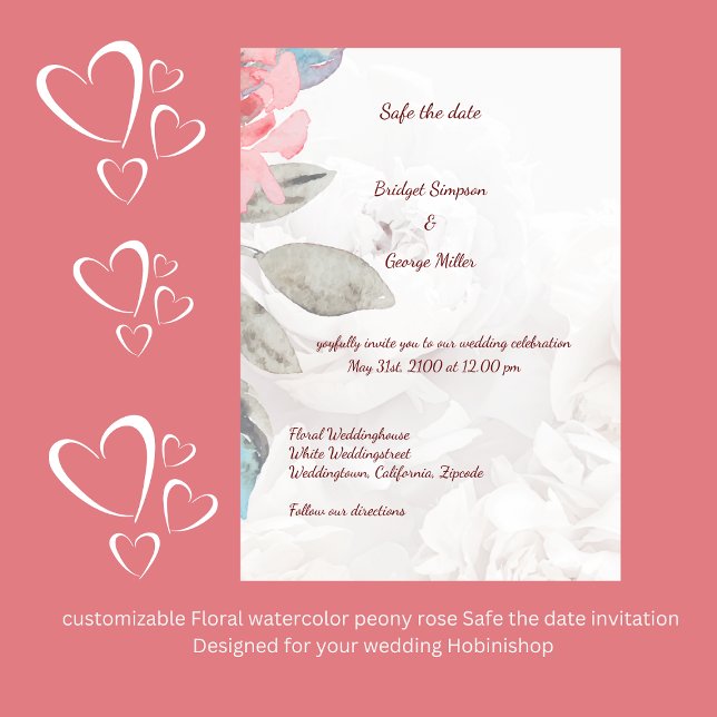 Floral watercolor wildflower rose safe the date invitation (customizable Floral watercolor peony rose Safe the date invitation 
Designed for your wedding Hobini)