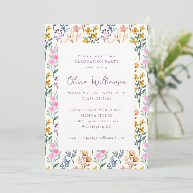 Floral Watercolor Wildflowers Graduation Party Invitation (Standing Front)