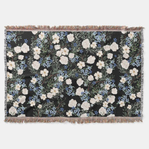 Floral Watercolor Wildflowers Pink Blue Leaves Throw Blanket