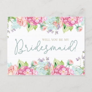 Floral Watercolor Will You Be My Bridesmaid? Invitation Postcard
