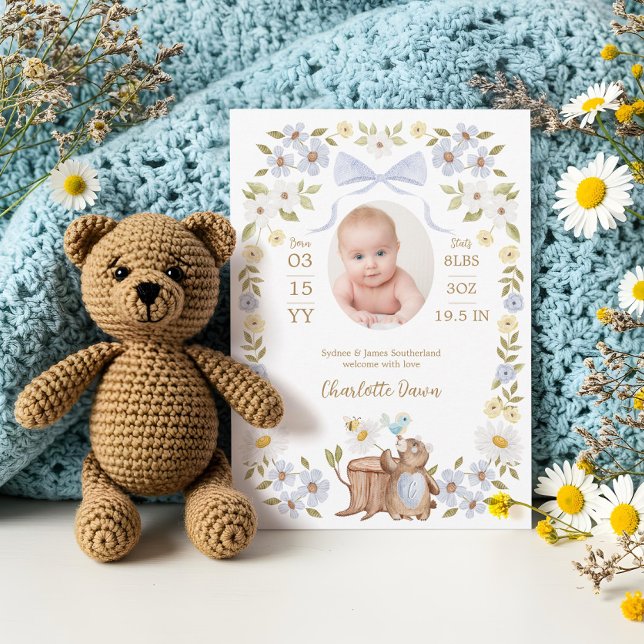 Floral Watercolor Woodland Bear Boy Photo Birth Announcement (Floral Watercolor Woodland Bear Boy Photo Birth Announcement)