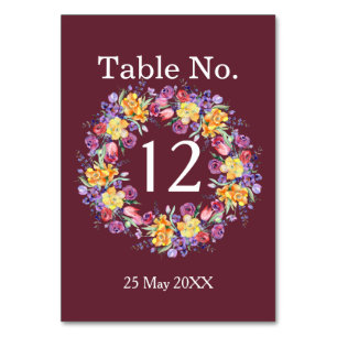 Floral Watercolor Wreath Burgundy Table Number