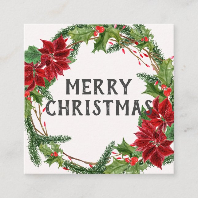 Floral Watercolor Wreath Christmas Square Business Card (Front)