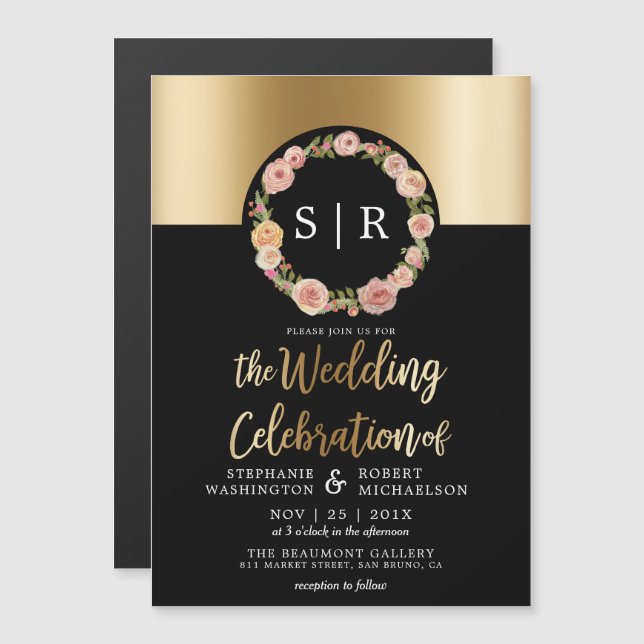 Floral Watercolor Wreath Gold & Black Wedding Magnetic Invitation (Front/Back)