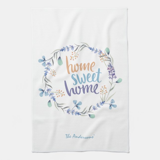 Floral Watercolor Wreath Home Sweet Home Tea Towel (Vertical)