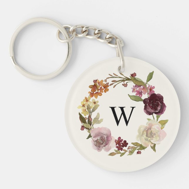 Floral Watercolor Wreath Monogram Beige Key Ring (Front)