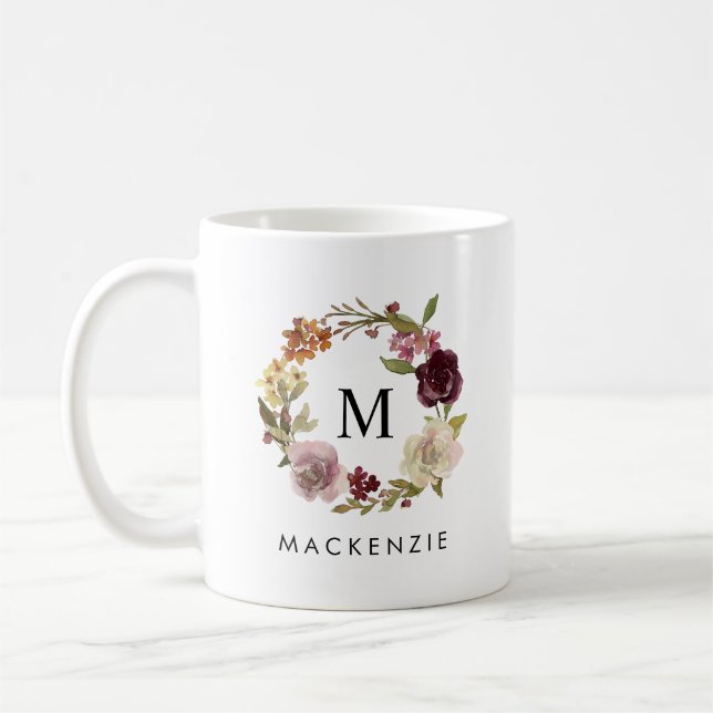 Floral Watercolor Wreath Monogram Name Coffee Mug (Left)