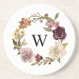 Floral Watercolor Wreath Monogram White Coaster