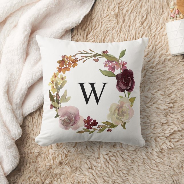 Floral Watercolor Wreath Monogram White Cushion (Blanket)