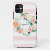 Floral Watercolor Wreath Pink White Stripe w Name