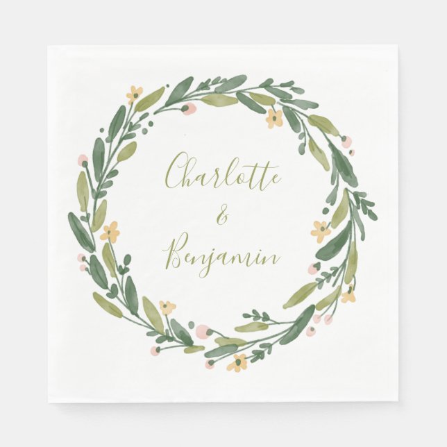 Floral Watercolor Wreath Script Custom Wedding  Napkin (Front)