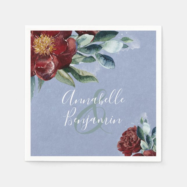 Floral Watercolors | Dusty Blue and Burgundy Red Napkin (Front)