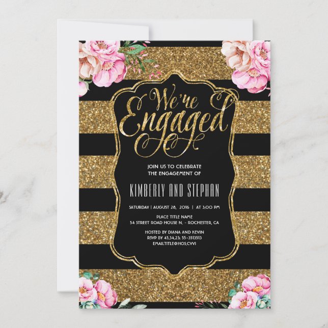 Floral Watercolors Gold Glitter Engagement Party Invitation (Front)