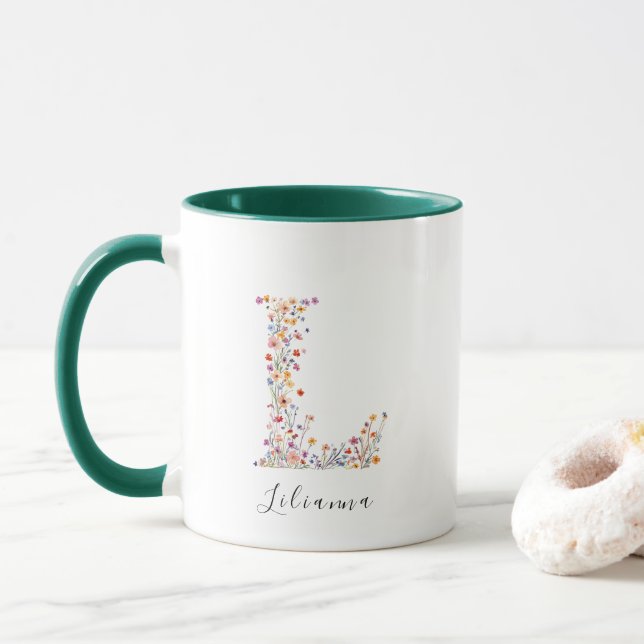 Floral Watercolour Letter L Monogram & Custom Name Mug (With Donut)