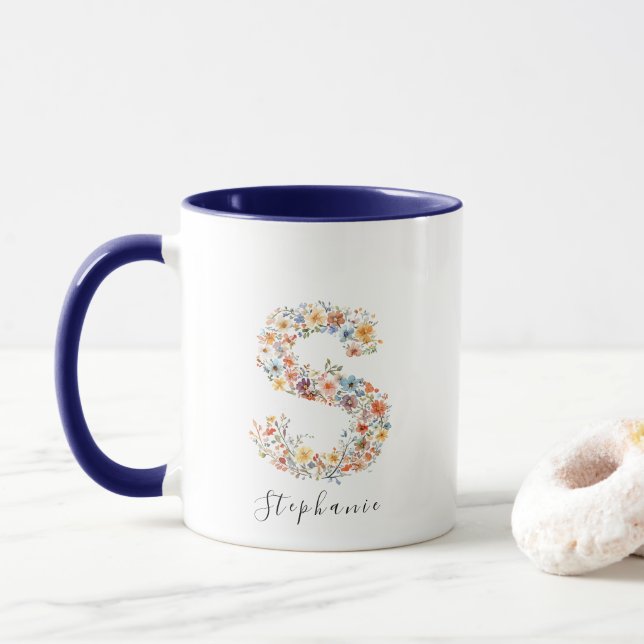 Floral Watercolour Letter S Monogram & Custom Name Mug (With Donut)