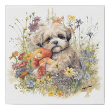 Floral Watercolour Shih Tzu hugging a Teddy Bear 
