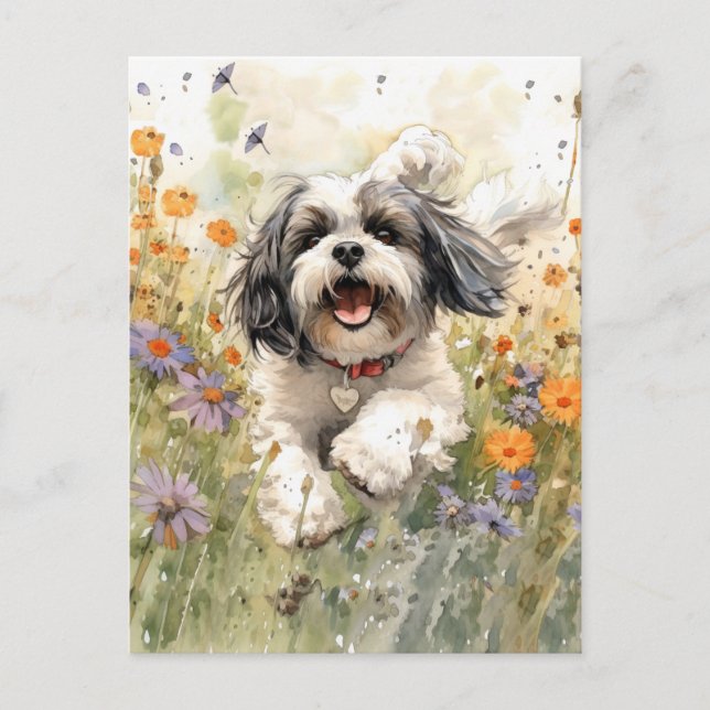 Floral Watercolour Shih Tzu running through flower Postcard (Front)