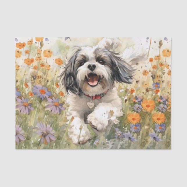 Floral Watercolour Shih Tzu running through flower Tissue Paper (Front)